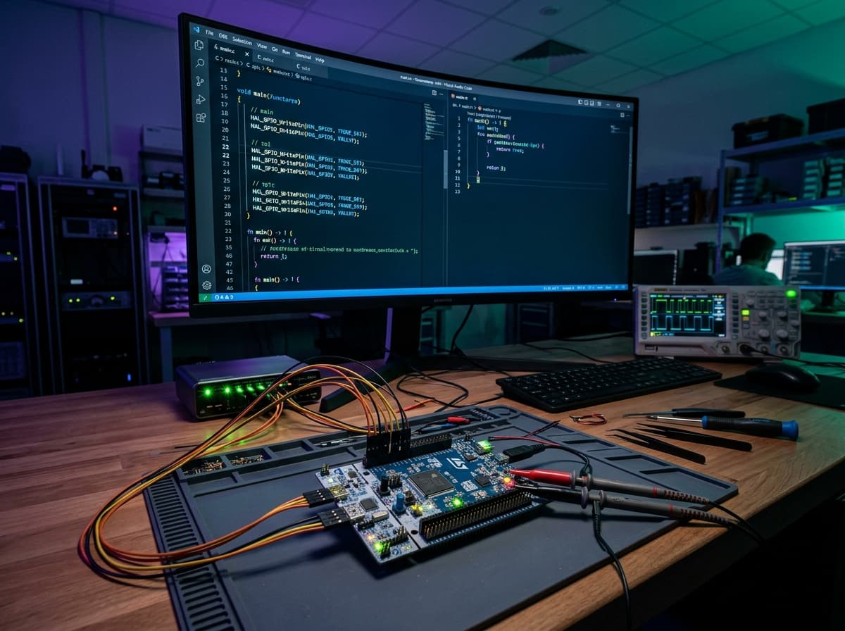 Embedded firmware bring-up workbench with STM32 board and logic analyzer